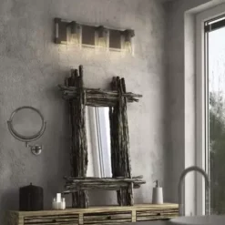 * Indoor Lighting|Wholesale Patriot Lighting® Levon Weathered Gray Faux Wood And Black 3-Light Vanity Light